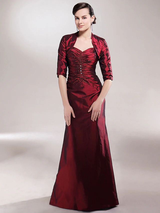 A-Linien-Kleid für die Brautmutter, Übergröße, elegant, sexy, Herzausschnitt, Spaghettiträger, bodenlang, ärmellos, Taft, mit gerüschter Perlenstickerei, seitliche Drapierung